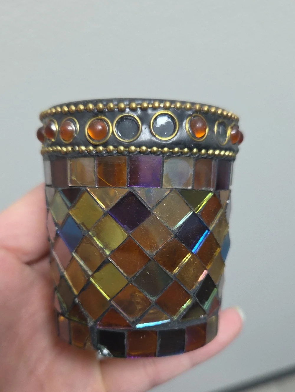 Decorative Mosaic Glass Votive Candle Holder - Amber Multicolor